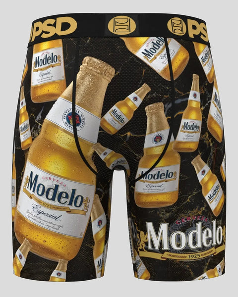 PSD boxer briefs with Modelo beer bottle and label print throughout on black background.
