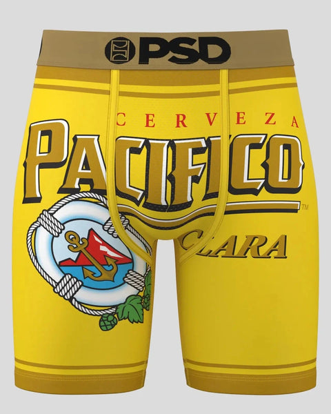 Yellow boxer briefs with Pacifico Cerveza branding, rope logo, and PSD waistband.