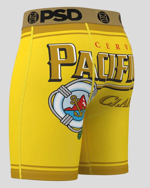 Yellow PSD boxer briefs with Pacifico beer branding, logo, and anchor graphic on front.