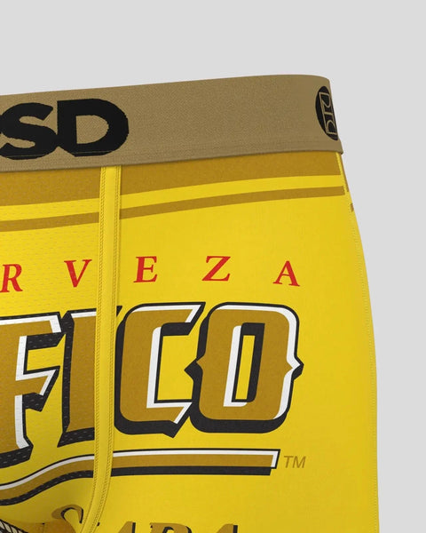 Pacifico beer logo on yellow and tan waistband with black text and striping.