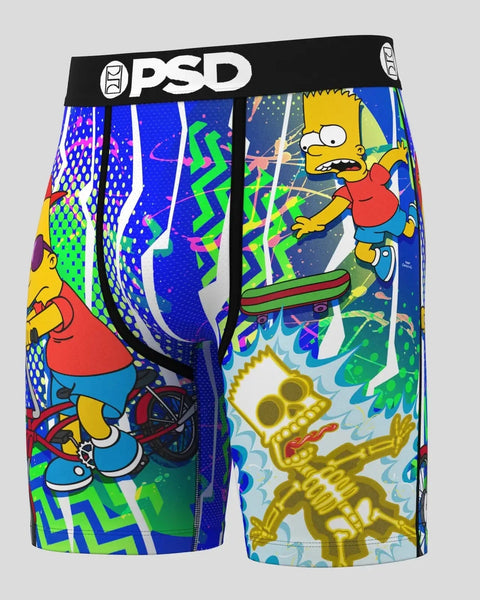 PSD brand boxer briefs with Simpsons characters Bart skateboarding and Homer in colorful abstract design on blue, green, and 