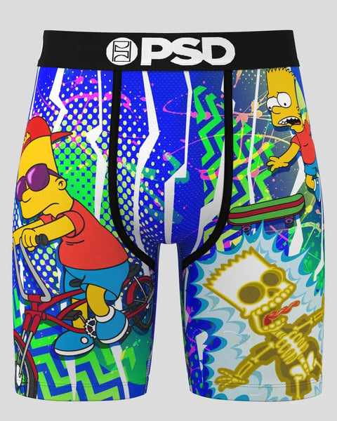 PSD boxer briefs featuring Bart Simpson in colorful comic book style graphics with blue, green, and yellow geometric patterns