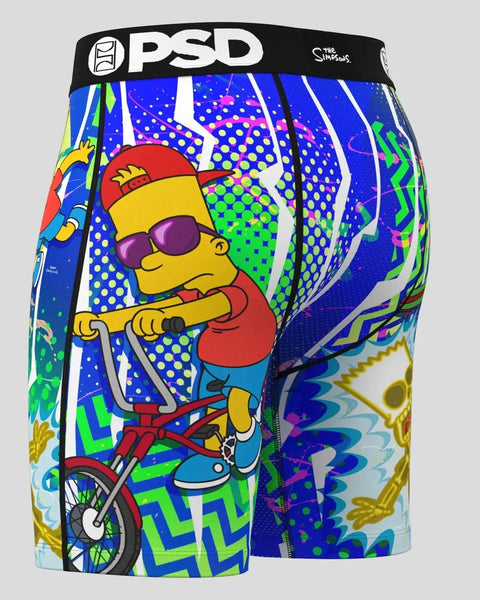 PSD boxer briefs featuring Bart Simpson riding a skateboard with colorful geometric and pop art design elements.