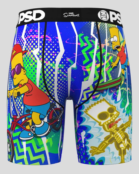 PSD boxers with Simpsons characters Bart and Homer on blue, green, and white geometric patterned fabric.