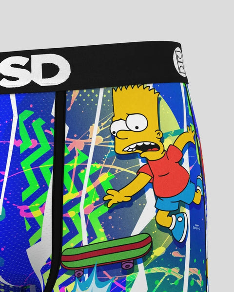 Yellow cartoon character in red shirt and blue pants riding green skateboard on colorful blue background with geometric patte