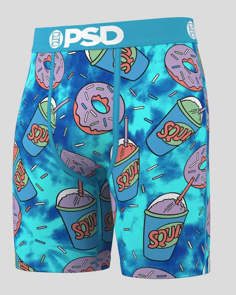 PSD brand boxer shorts with blue tie-dye background, slushie cups and donuts print throughout.