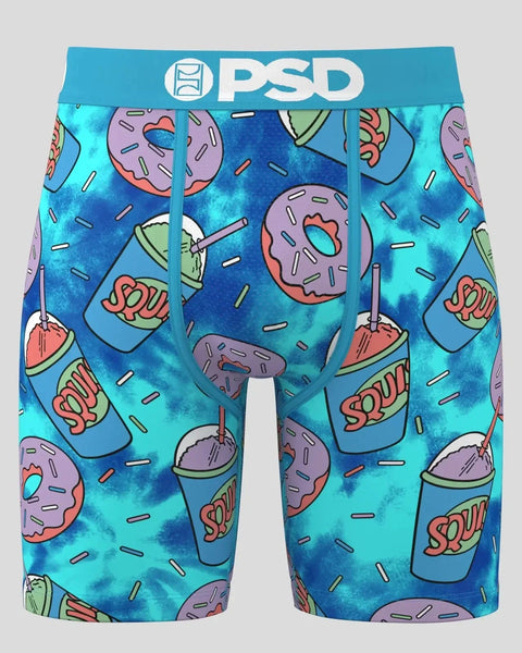 PSD brand boxer briefs with blue tie-dye background featuring purple donuts and slushie cups with straws.