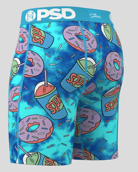Blue PSD boxer shorts with The Simpsons slushie cups and donuts pattern throughout.