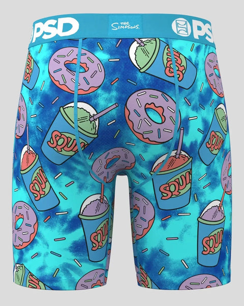 Blue PSD boxer briefs with repeated pattern of purple donuts and slushie cups with straws.