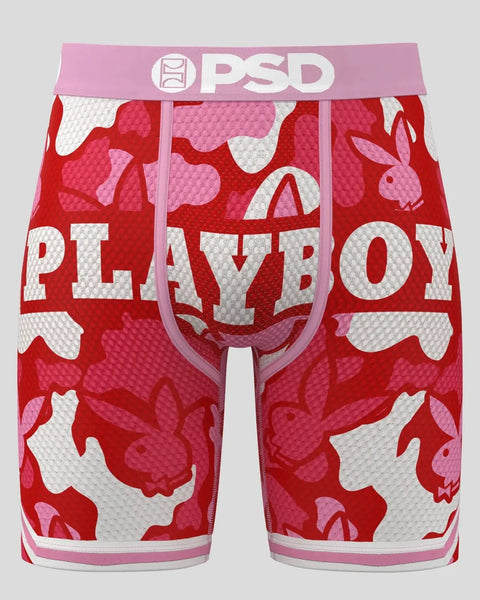 PSD Playboy boxer briefs with red, pink, and white camouflage pattern and bunny logo print.