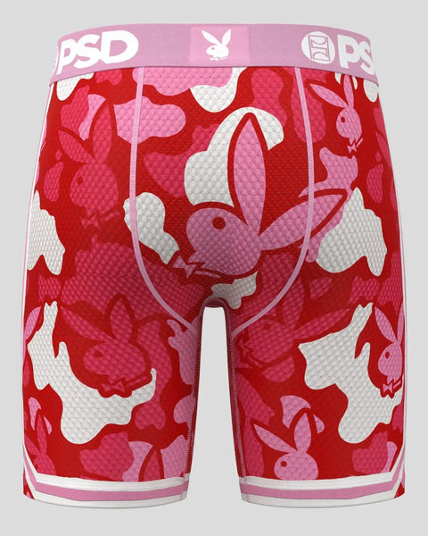 PSD Playboy Love Camo boxer briefs with red, pink, and white camouflage pattern and pink waistband.