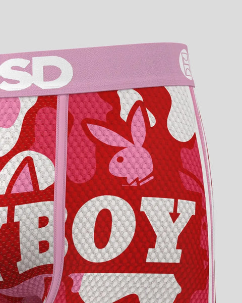 Playboy Love Camo red, pink and white patterned brief with pink waistband and Playboy branding.