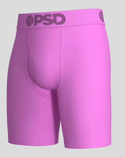 Blush pink modal shorts with PSD waistband logo and center fly detail.