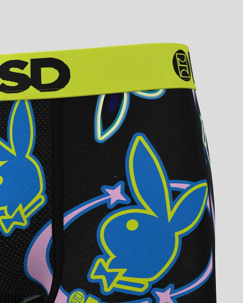 Playboy Rave underwear with neon lime waistband, black base, and blue bunny logo with yellow outline and pink stars.