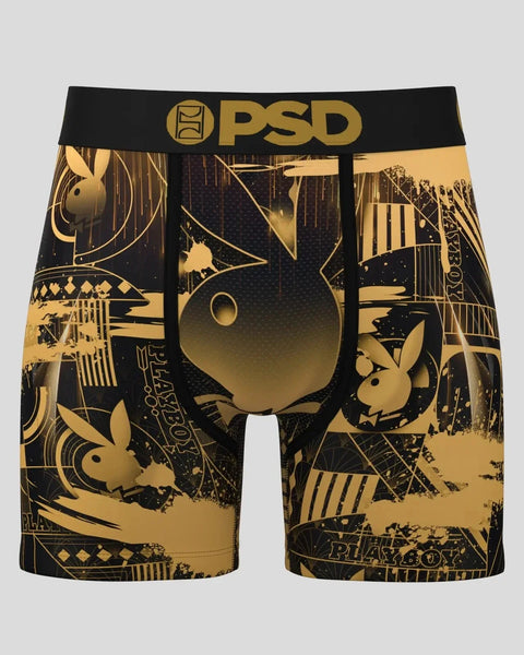 Black and gold boxer briefs with Playboy bunny logo and geometric art deco pattern throughout.