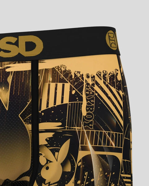Black and gold Playboy Deco briefs with geometric art deco pattern and Playboy bunny logo on waistband.