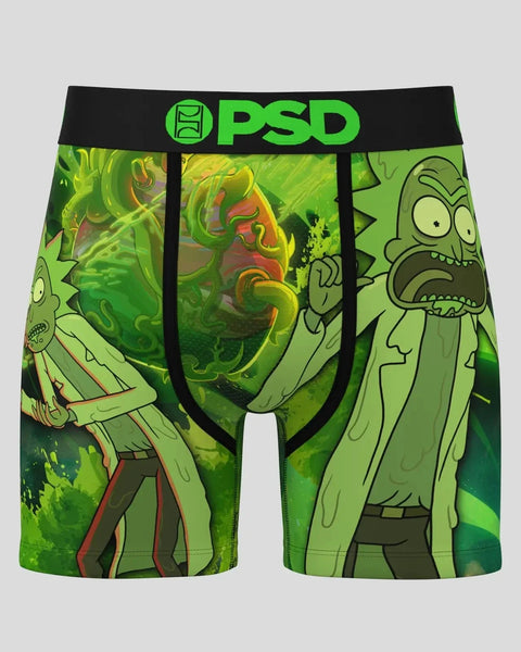 PSD brand green boxer shorts with Rick and Morty characters and green slime graphic print.