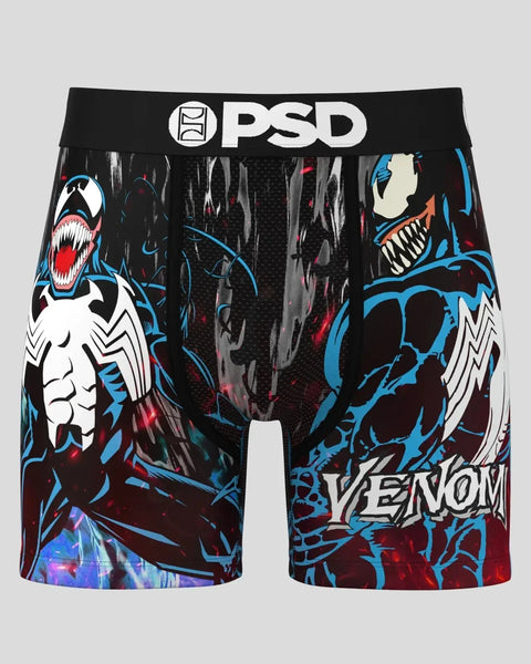Black PSD boxer briefs with Venom character graphics in blue, white, and red tones.