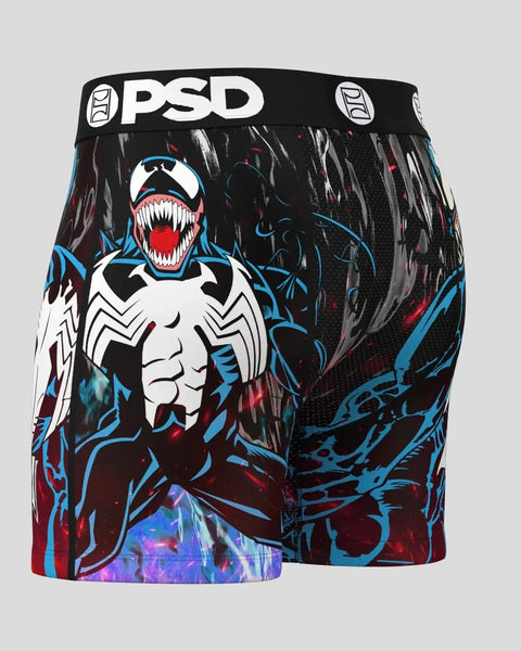 Black PSD boxer briefs with Venom character graphics in white, blue, and red featuring sharp teeth and symbiote design.