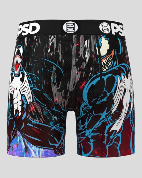 Black boxer briefs with Venom character graphics in blue, white, and red, featuring PSD waistband and mesh panel details.