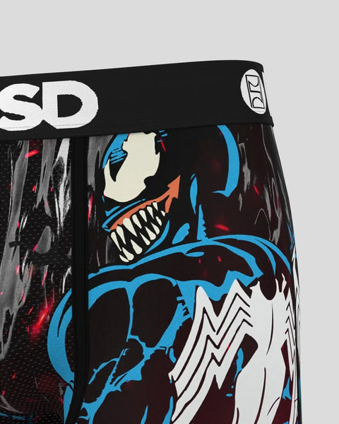 Black underwear with Venom character design featuring blue and white graphics, white teeth, and red accents on dark fabric.