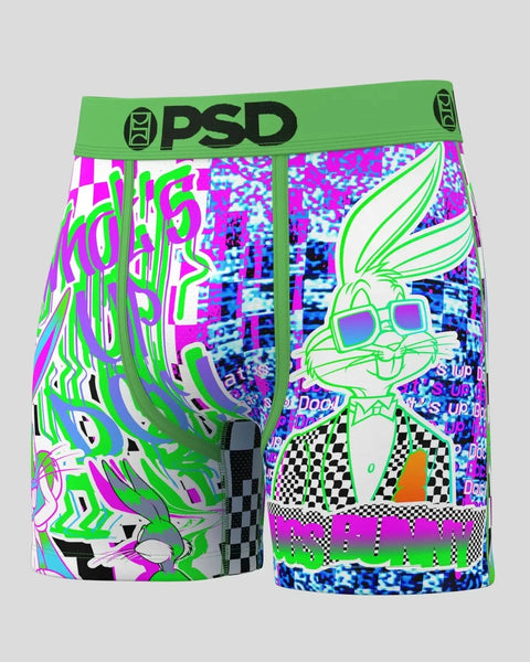 PSD underwear with green waistband featuring Bugs Bunny in neon green outline and multicolored glitch pattern background.