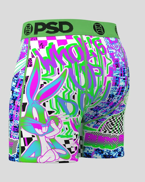 PSD boxer briefs featuring Bugs Bunny character design in neon green, magenta, and blue glitch-style graphics with checkered 