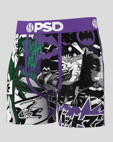 PSD boxer briefs with split design featuring Joker character on left side in green and purple, Batman on right side in black 