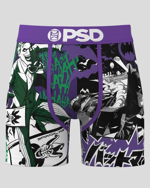 PSD boxer briefs with split design featuring Joker character in green and white on left side, Batman imagery in black and pur