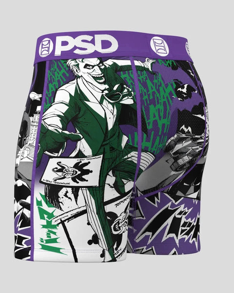 PSD boxer briefs with split design featuring Joker character in green suit on left side and Batman imagery on right side.