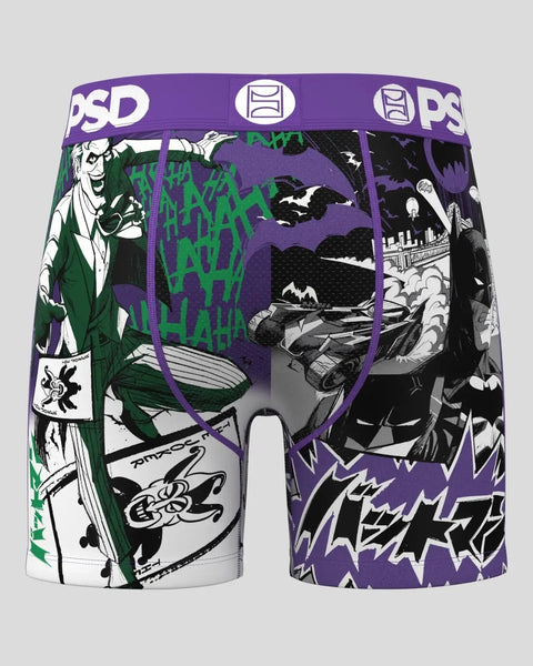 Men's boxer briefs with split design: Joker character on left side in green and white, Batman scenes on right side in black a