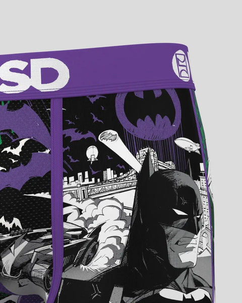 Purple waistband with Batman and Joker split comic-style artwork in black, white, and gray tones.