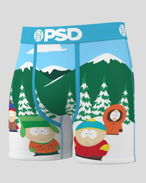 Blue PSD boxer briefs featuring South Park characters in a snowy mountain landscape scene.