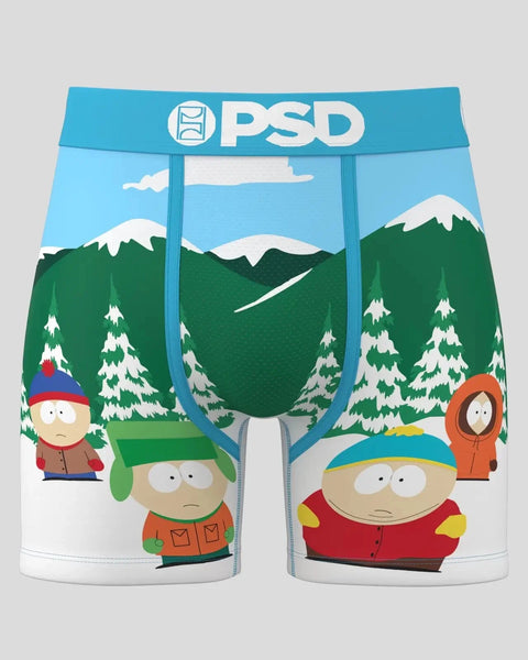PSD boxer shorts with South Park characters and snowy mountain landscape on blue and white fabric.