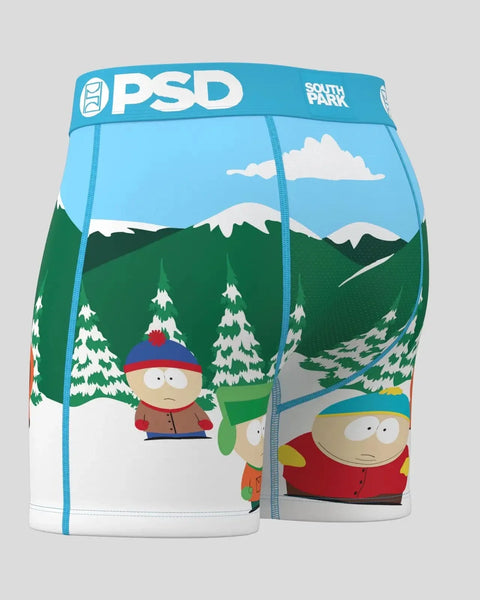 Blue and white PSD underwear featuring South Park characters in a snowy mountain landscape with snow-covered trees.