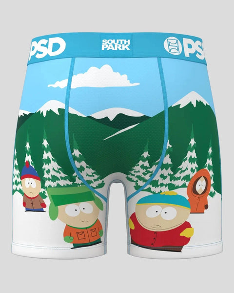 Blue and white PSD boxer briefs featuring South Park characters in a snowy mountain landscape scene.