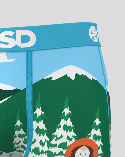 Blue South Park branded underwear waistband with snowy mountain and forest landscape graphic below.