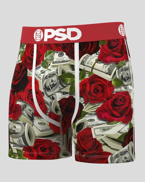 PSD boxer briefs with red roses and dollar bill print throughout, white waistband and fly detail.