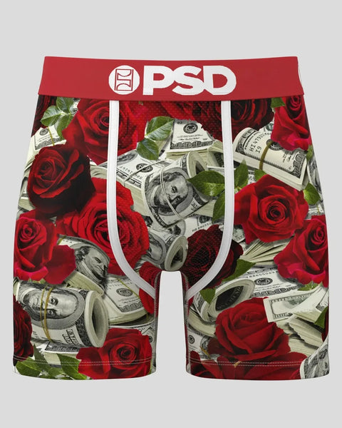 PSD boxer briefs with red roses and rolled dollar bills pattern, white waistband and leg trim.