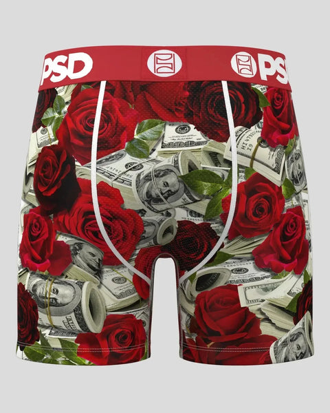 Men's boxer briefs with red roses and dollar bills pattern, white waistband with PSD branding, white side seams.