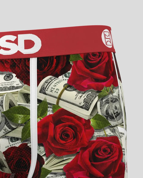 Red boxer briefs with red roses and rolled dollar bills pattern, red waistband with white 
