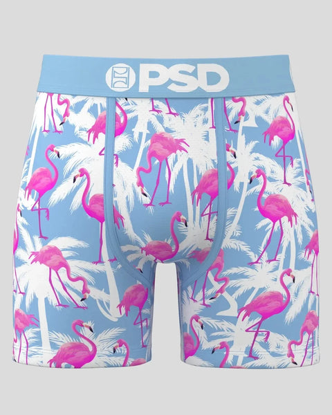 PSD brand boxer briefs with blue waistband featuring pink flamingos and white palm leaves on light blue background.
