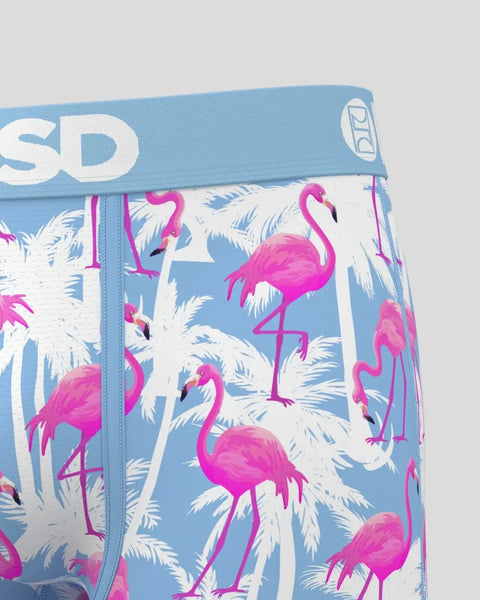 Blue waistband with white text above pink flamingos and white palm leaves on blue and white patterned fabric.