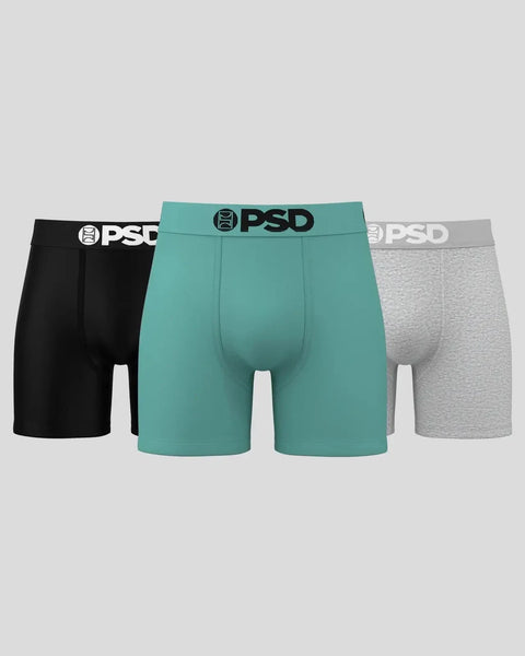 Three PSD brand boxer briefs in black, teal, and gray with elastic waistbands.