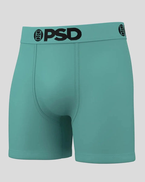 Teal boxer briefs with PSD branding on waistband and logo on leg.