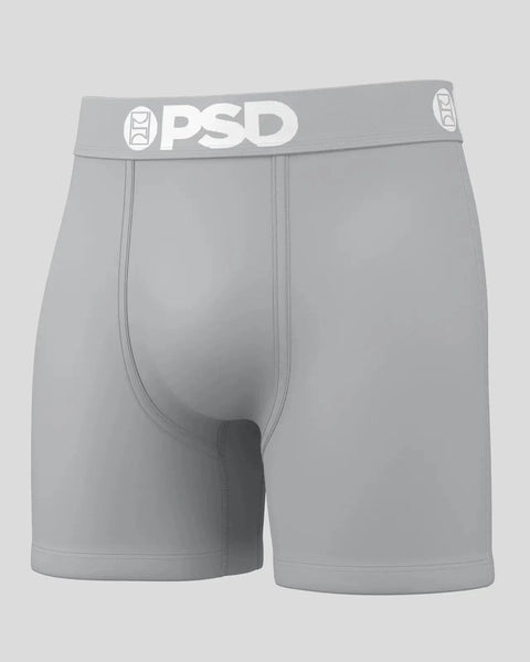 Gray OPD brand boxer briefs with elastic waistband and front fly opening.