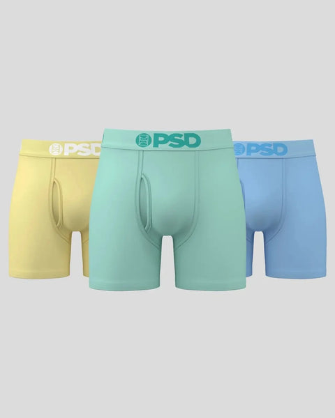 Three pastel-colored boxer briefs in yellow, mint green, and light blue with PSD waistbands.