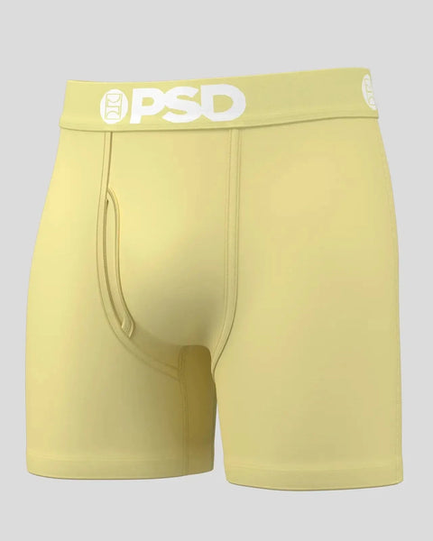 Pale yellow men's boxer briefs with white PSD waistband and logo.