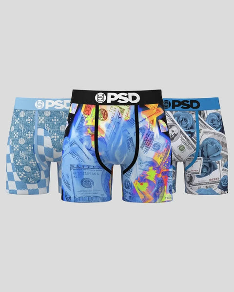 Three PSD boxer briefs with blue waistbands in geometric, colorful money, and dollar bill prints.