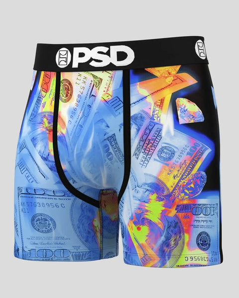 Three blue boxer briefs with colorful holographic dollar bill and abstract design pattern overlaid throughout.